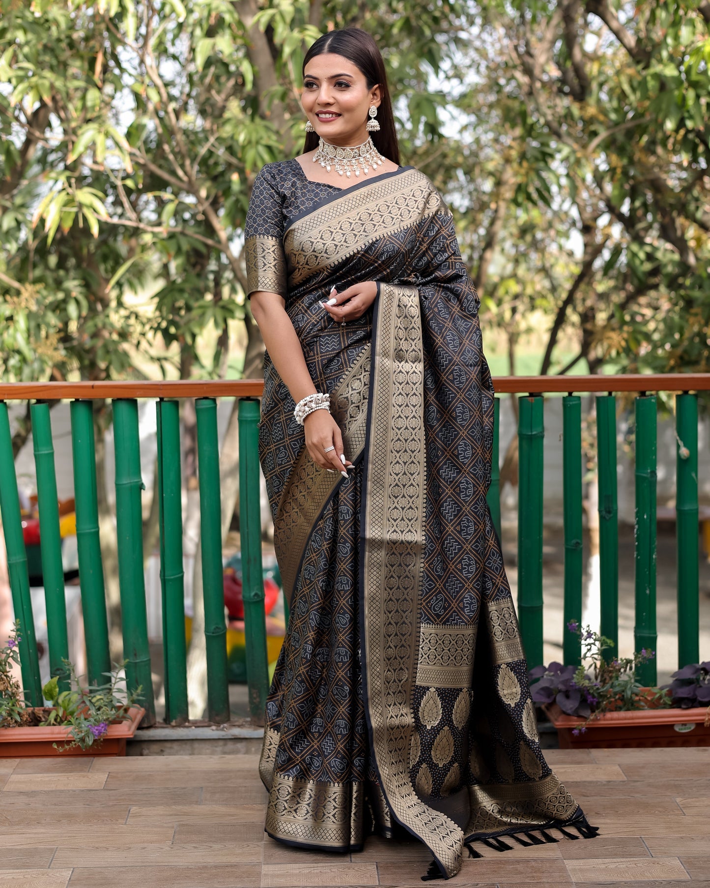 Embellished Silk Bandhej Black Color Patola Sarees