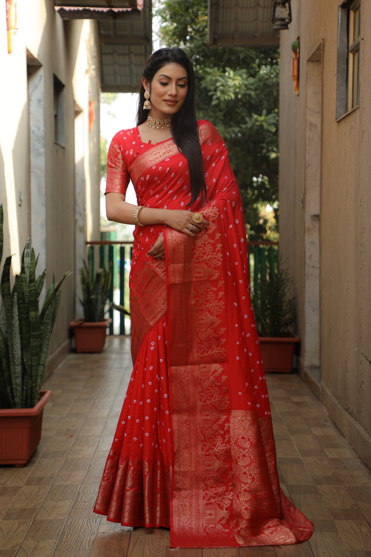 Attractive Bandhej Kanjivaram Orange Color Silk Saree