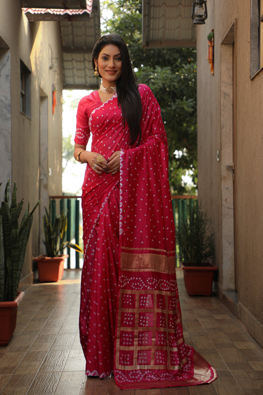 Luxuriant Bandhej Pink Color Silk Saree