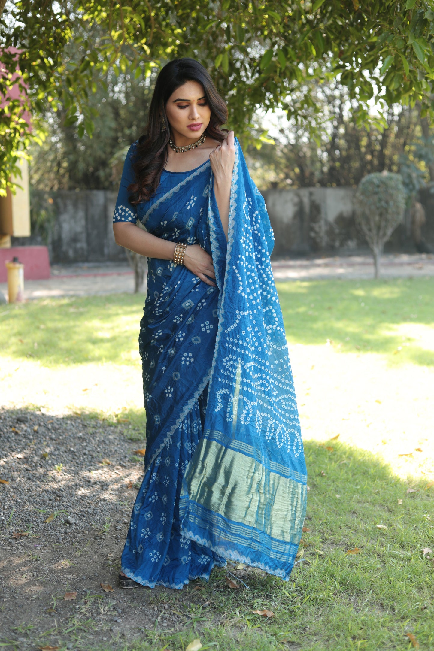 Luxuriant Bandhej Blue Color Silk Saree