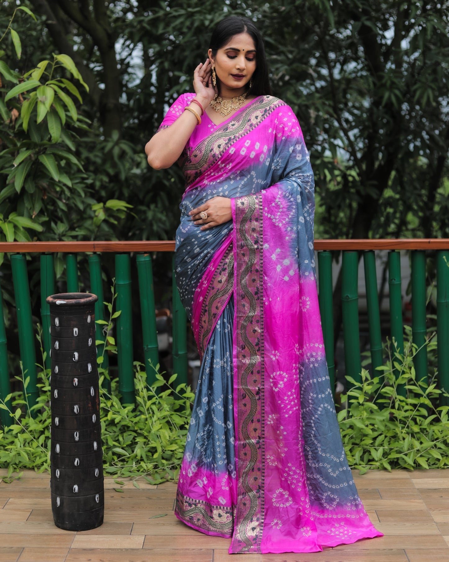 Imposing Bandhej Grey Color Soft Silk Saree