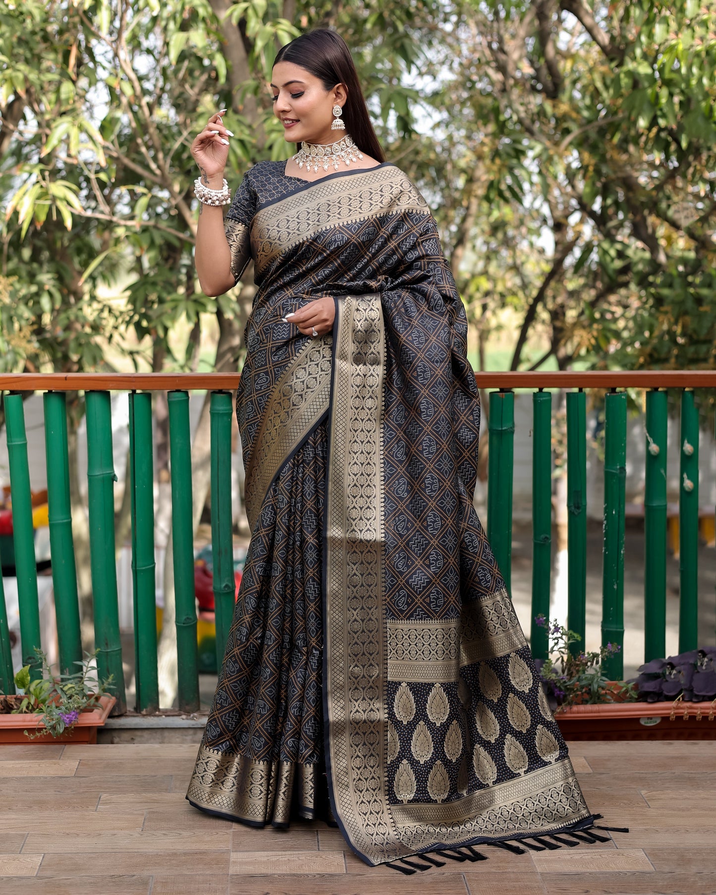 Embellished Silk Bandhej Black Color Patola Sarees