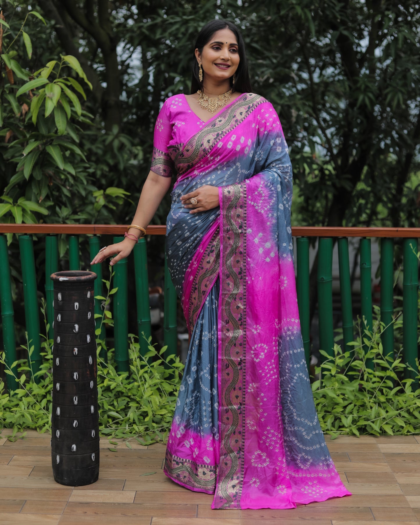 Imposing Bandhej Grey Color Soft Silk Saree