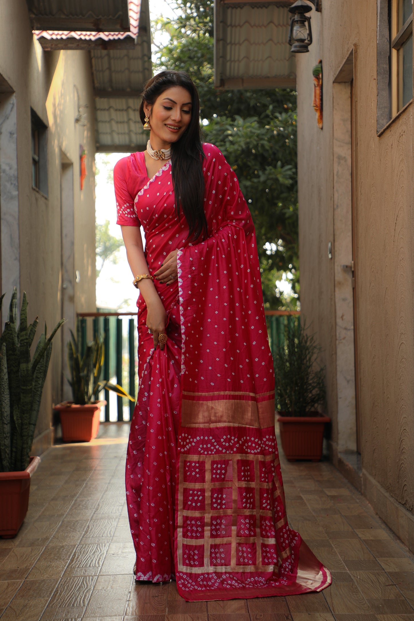 Luxuriant Bandhej Pink Color Silk Saree