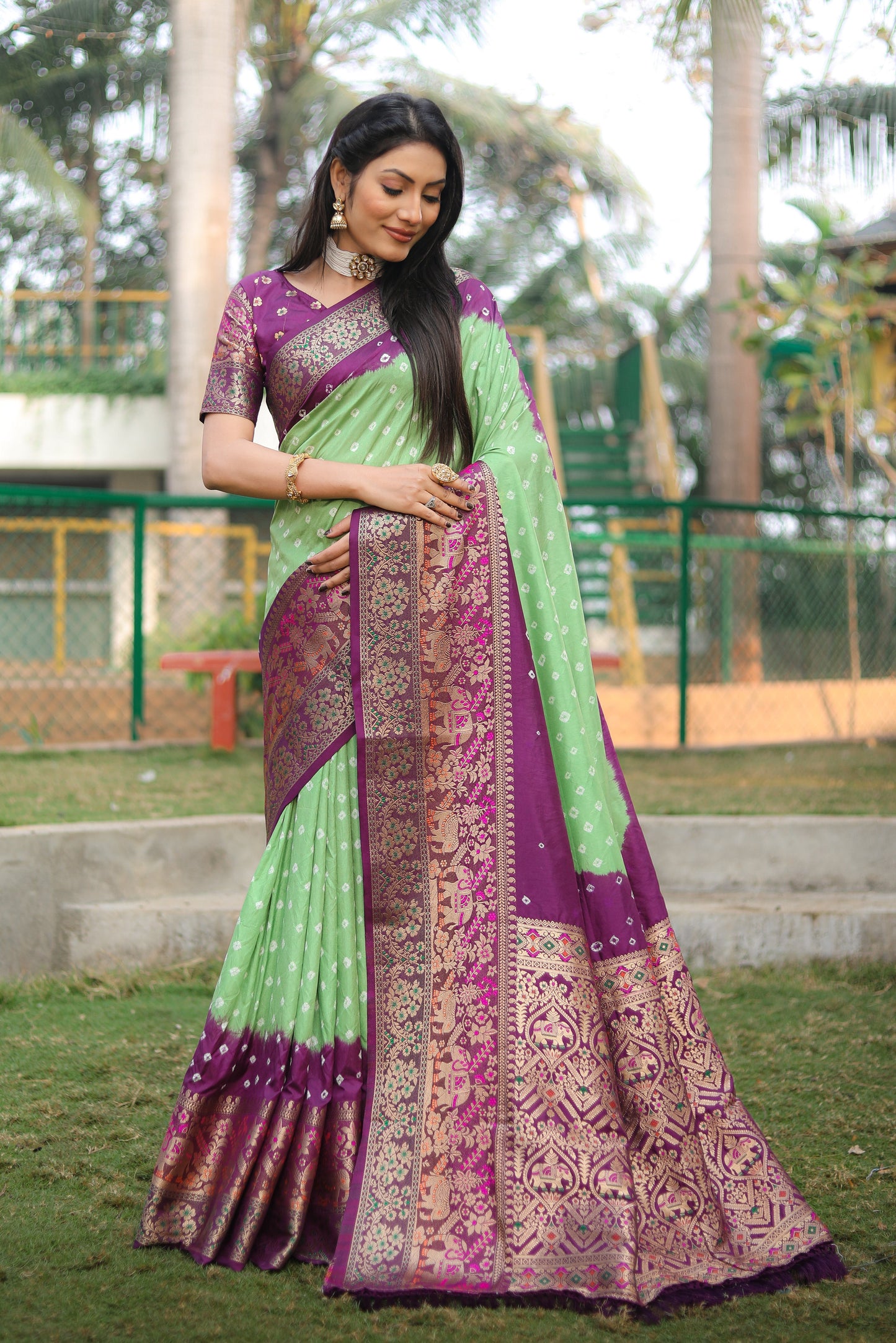 Fabulous Bandhej Kanjivaram Perrot Color Silk Saree