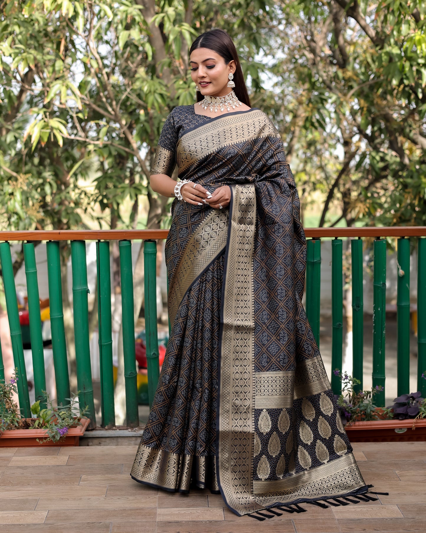 Embellished Silk Bandhej Black Color Patola Sarees