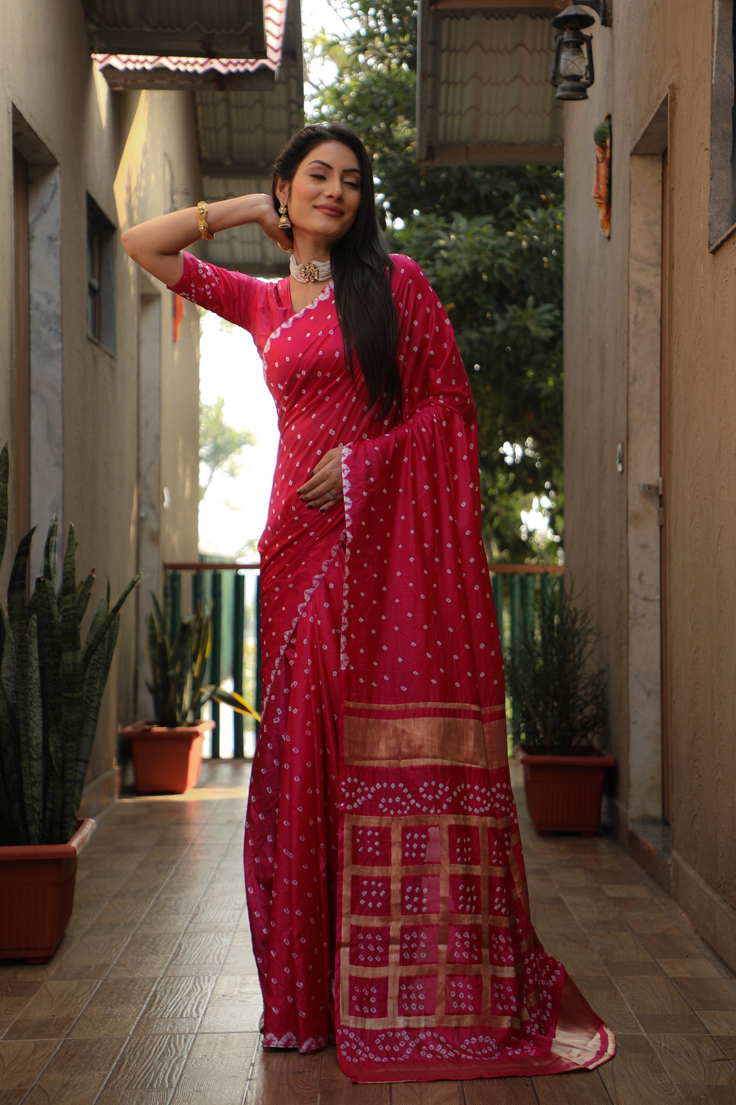 Luxuriant Bandhej Pink Color Silk Saree