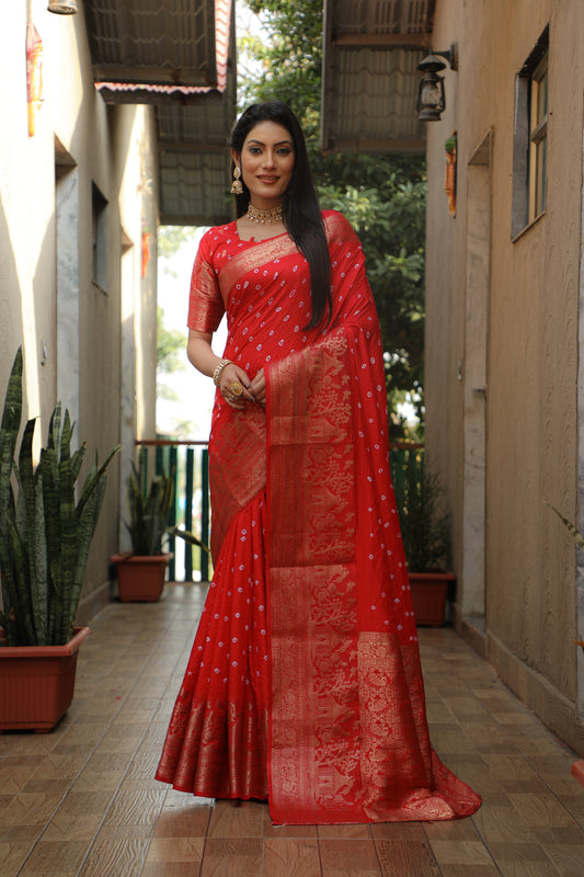 Attractive Bandhej Kanjivaram Orange Color Silk Saree