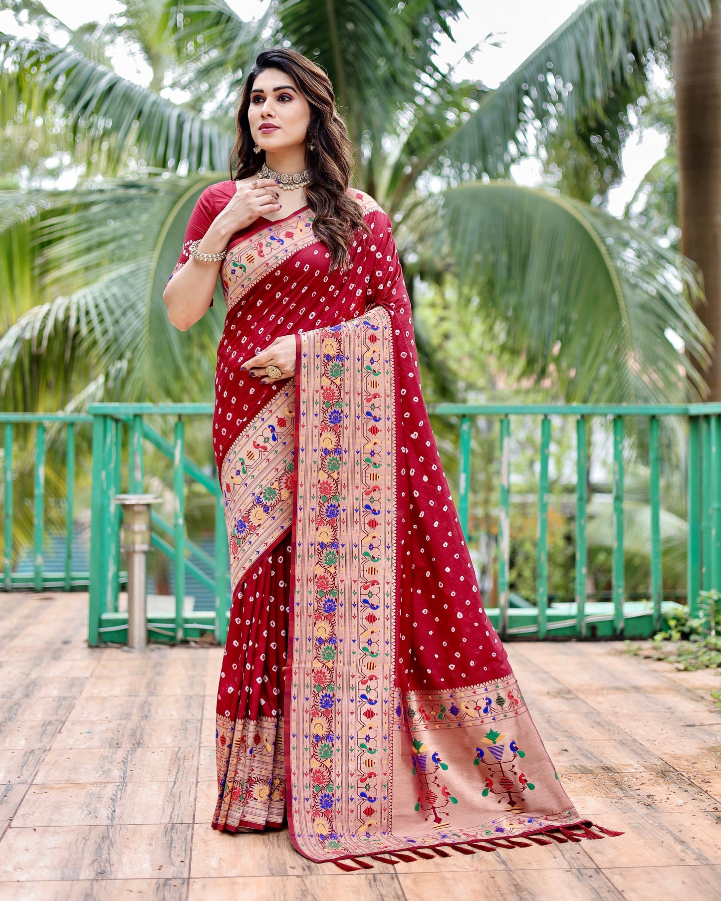 Glorious Paithani Bandhej Red Color Silk Saree