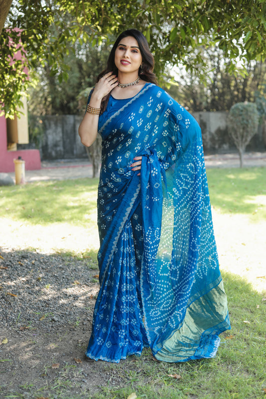 Luxuriant Bandhej Blue Color Silk Saree