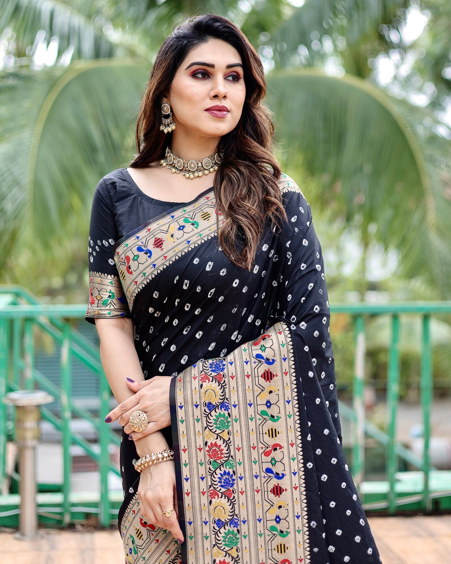 Glorious Paithani Bandhej Black Color Silk Saree