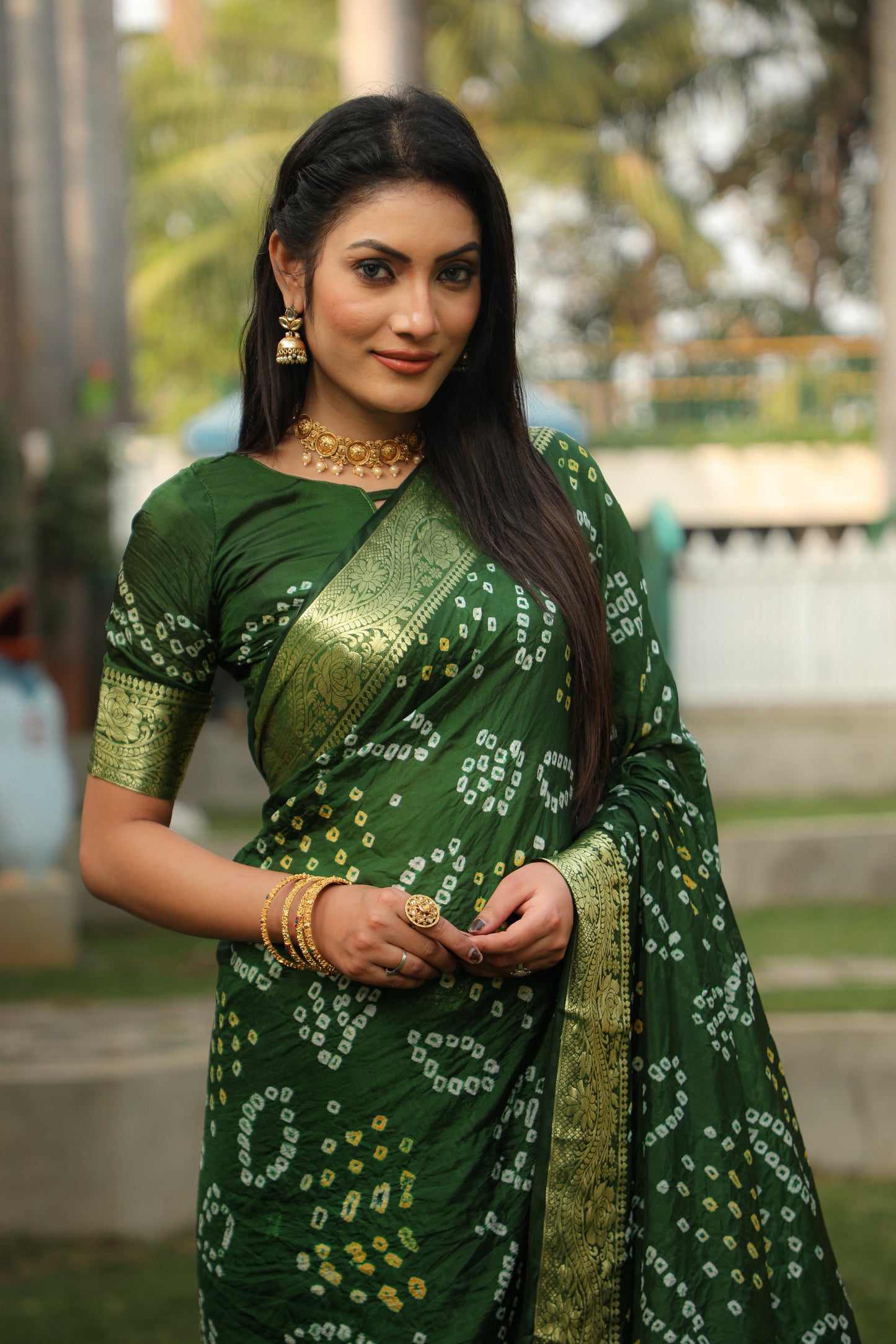 Blissful Kanjivaram Bandhej Green Color Silk Saree