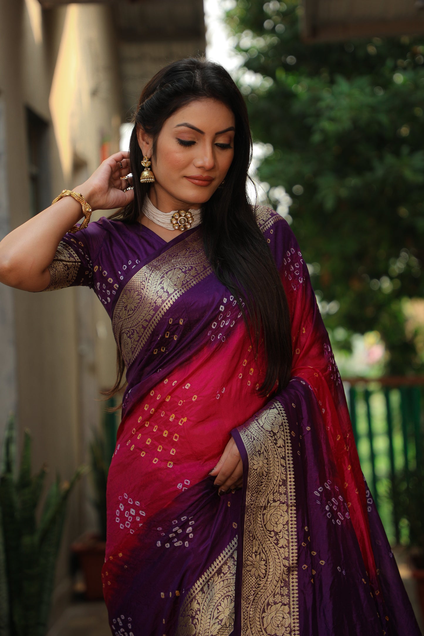 Glimmering Bandhej Pink Color Silk Sarees