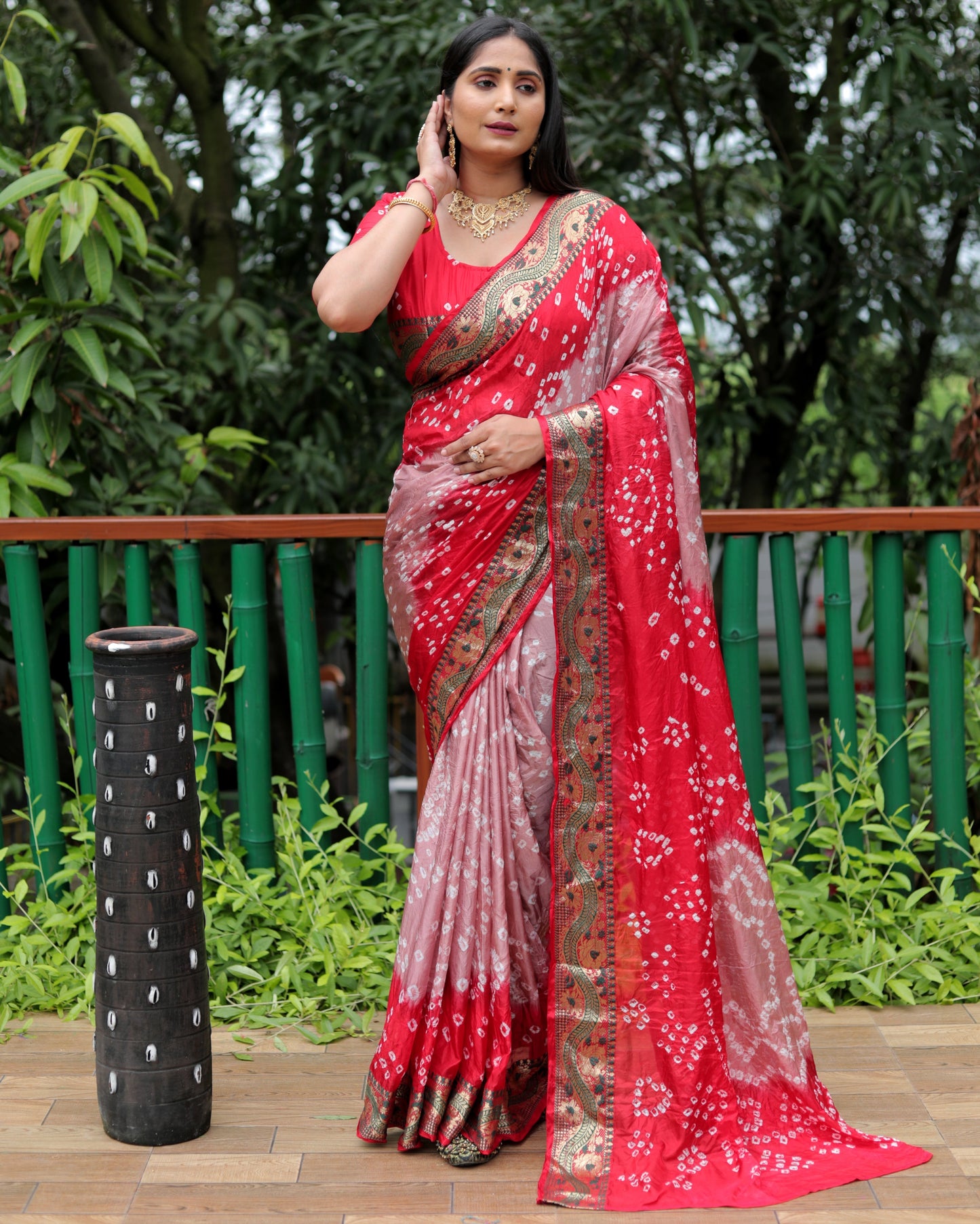 Imposing Bandhej Geige Color Soft Silk Saree