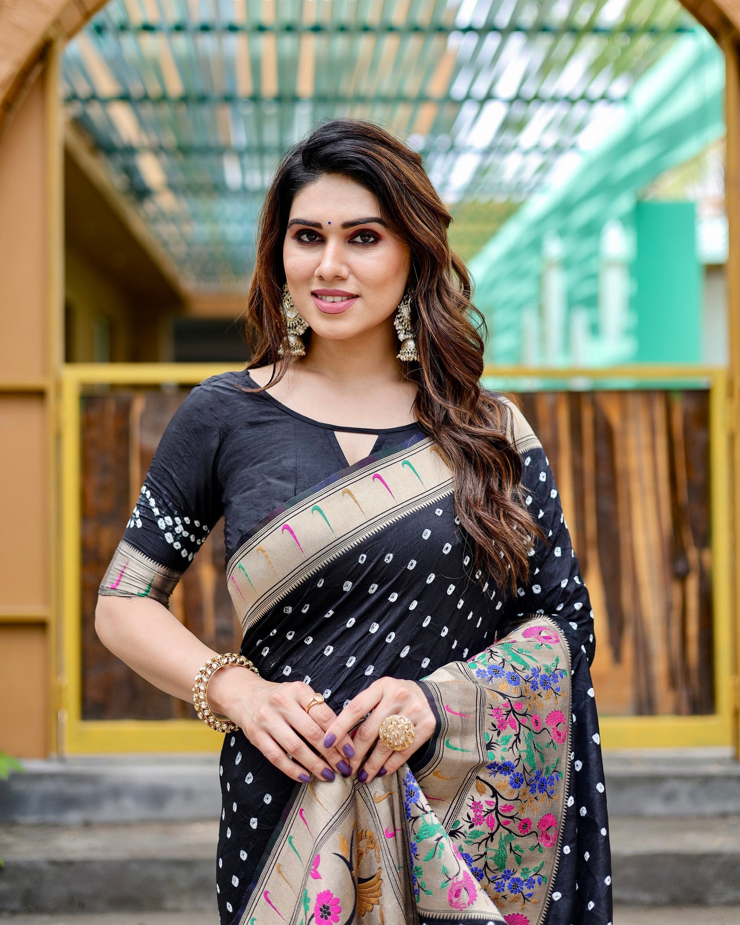 Charming Bandhej Paithani Black Color Silk Saree