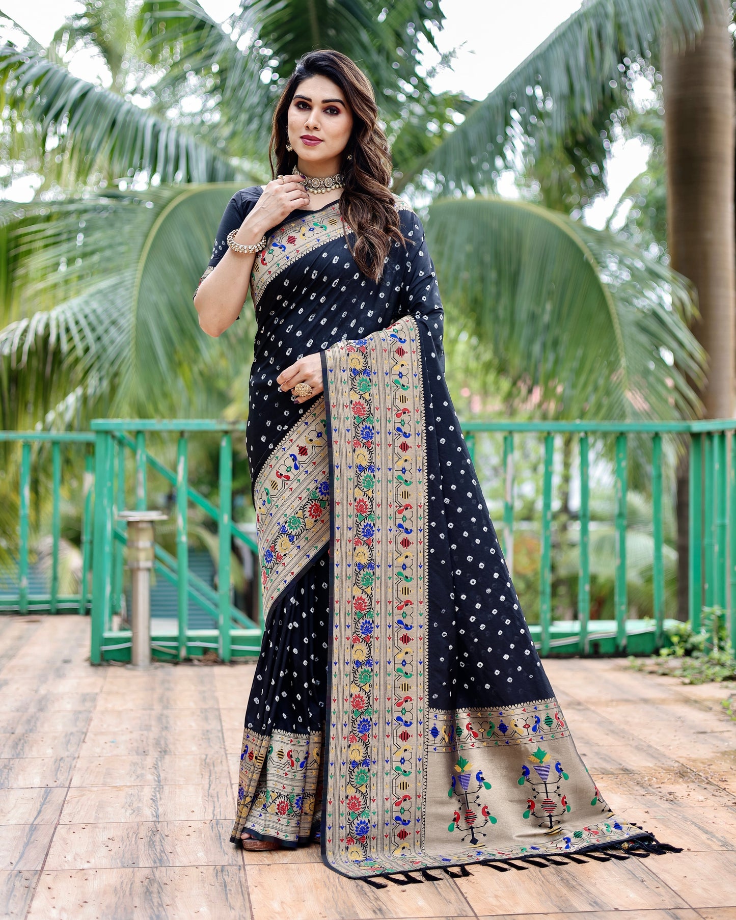 Glorious Paithani Bandhej Black Color Silk Saree