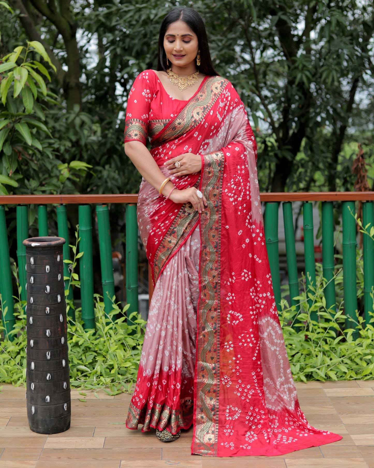 Imposing Bandhej Geige Color Soft Silk Saree