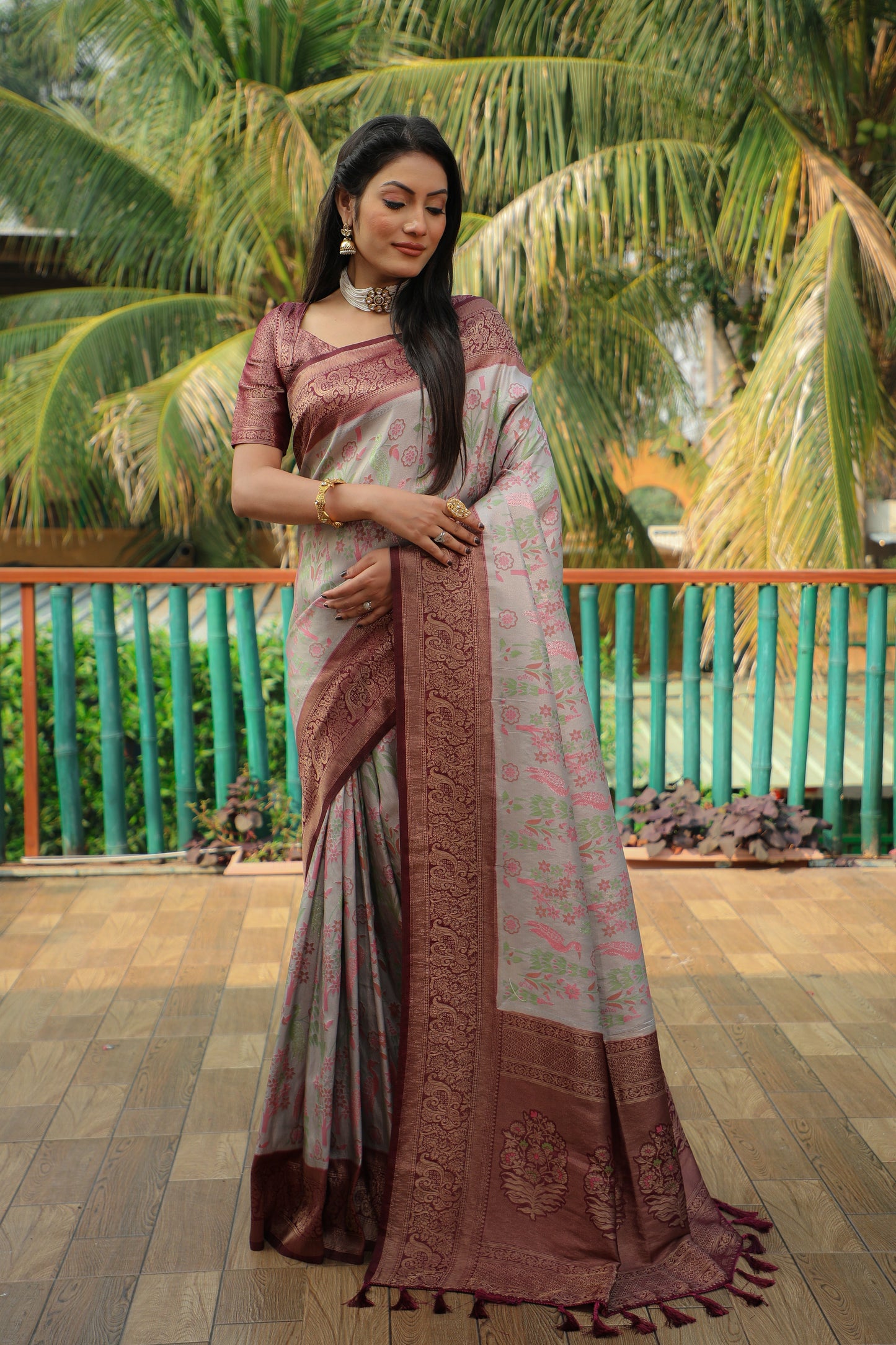 Classic Kanjivaram Soft Silk Grey & Maroon Color Wedding Wear Saree