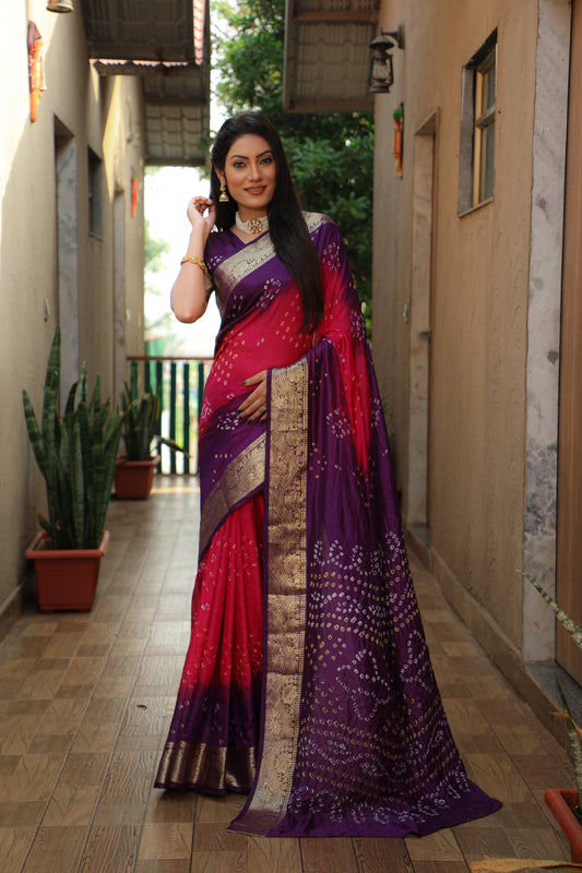 Glimmering Bandhej Pink Color Silk Sarees