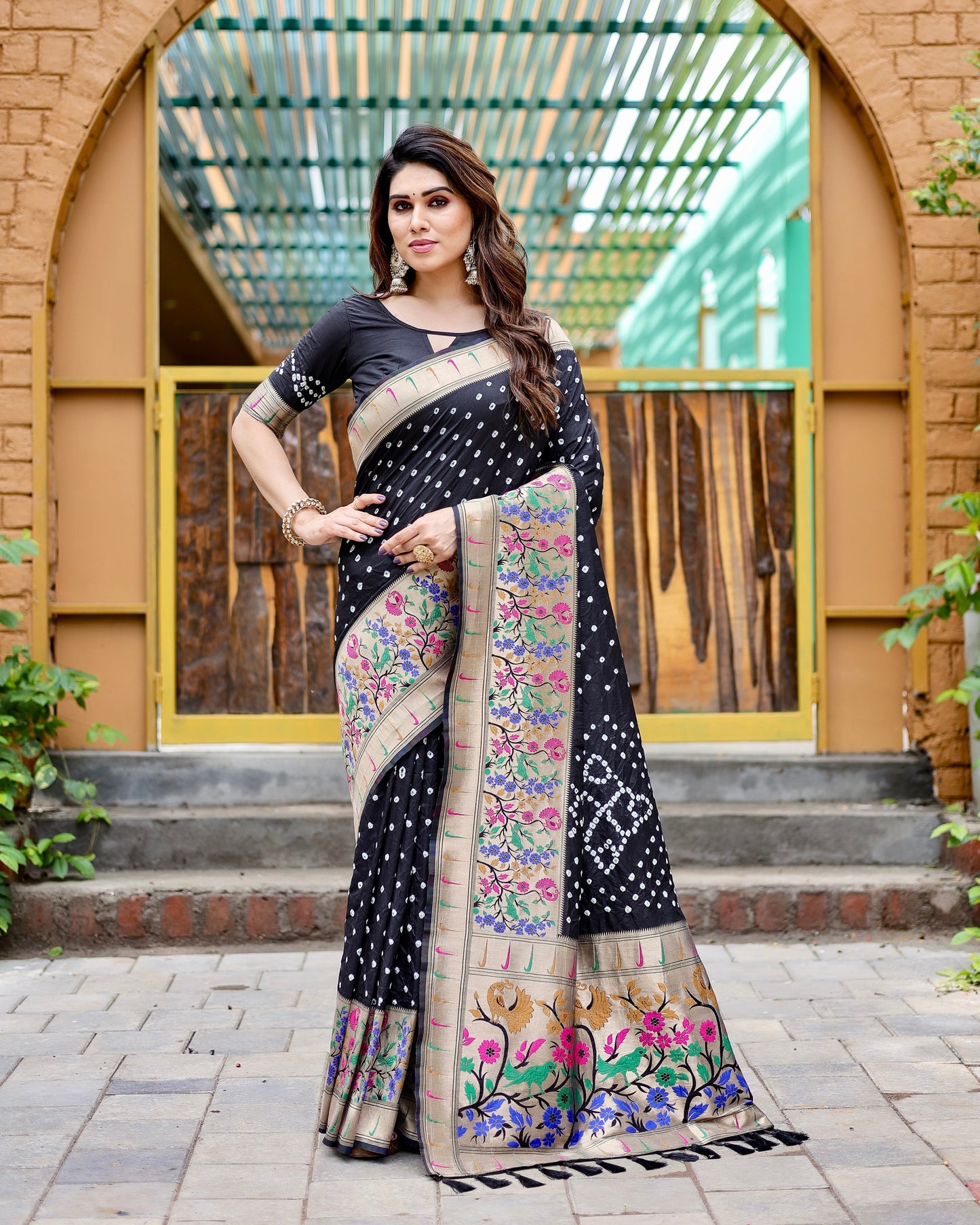 Charming Bandhej Paithani Black Color Silk Saree