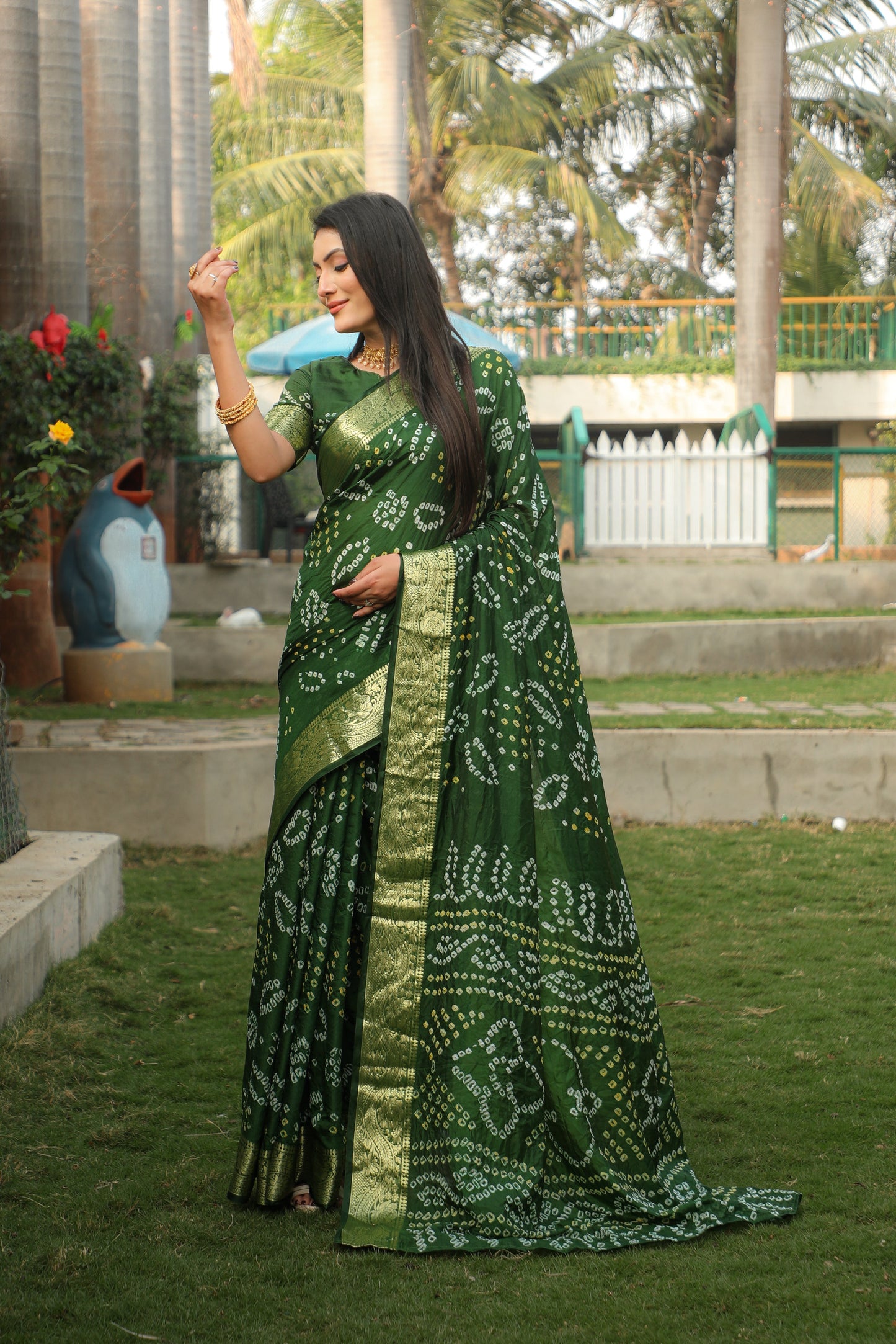 Blissful Kanjivaram Bandhej Green Color Silk Saree