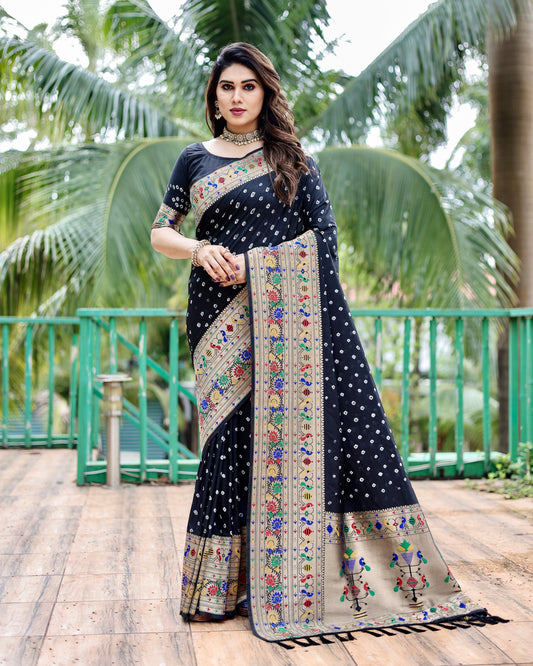 Glorious Paithani Bandhej Black Color Silk Saree