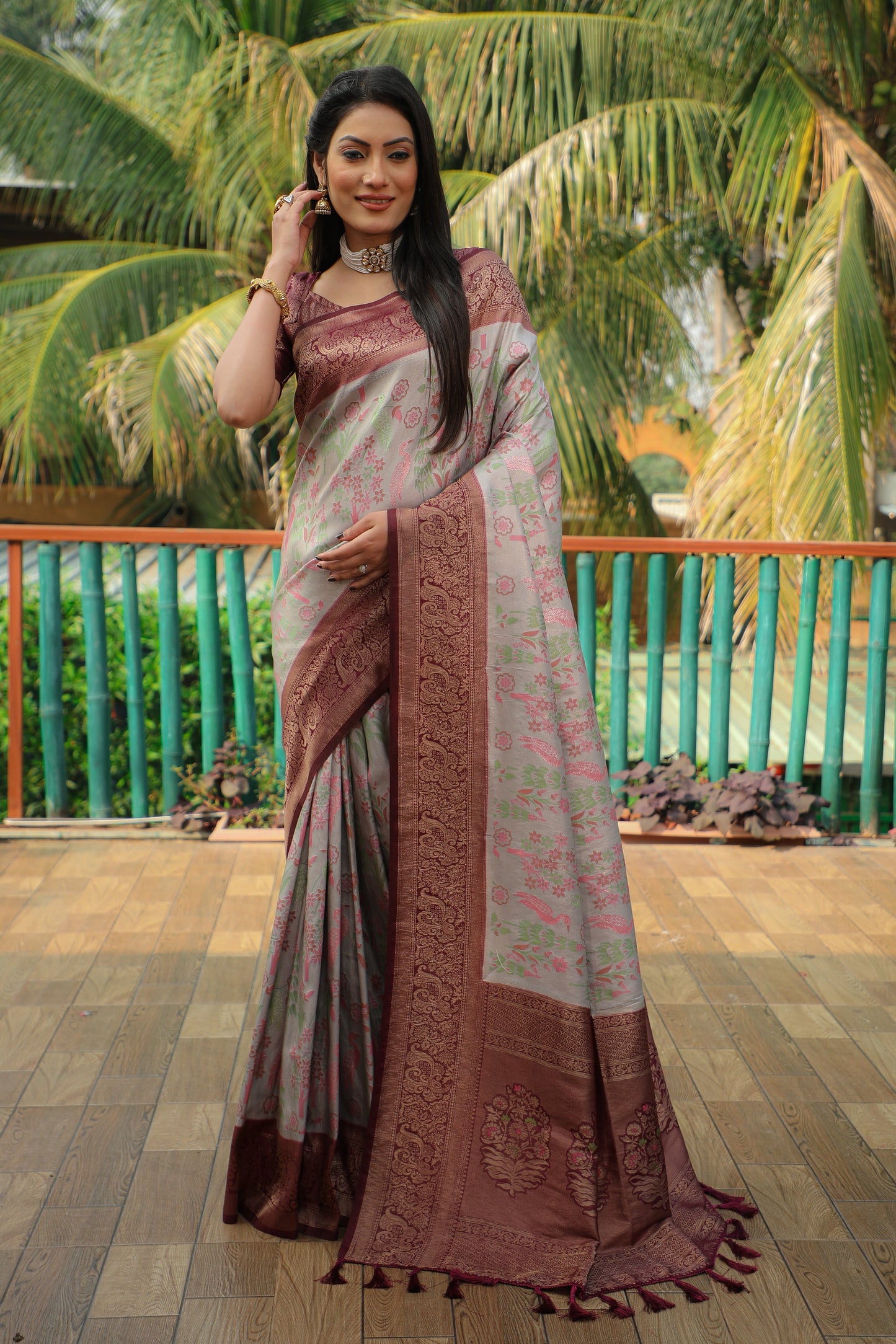 Classic Kanjivaram Soft Silk Grey & Maroon Color Wedding Wear Saree