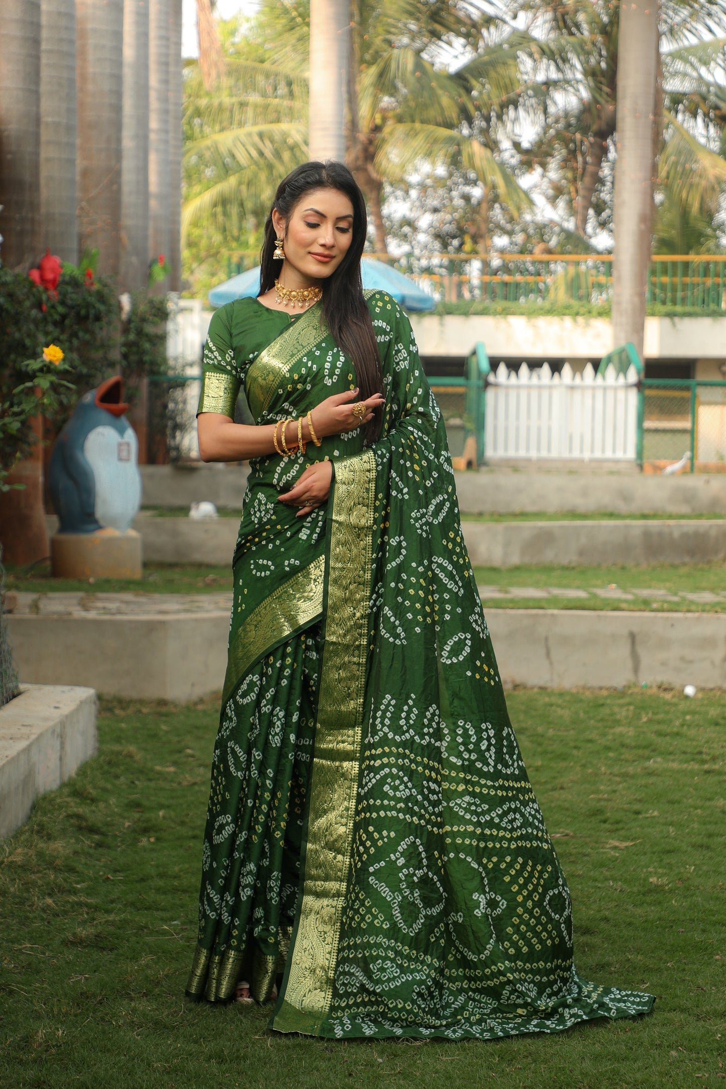 Blissful Kanjivaram Bandhej Green Color Silk Saree