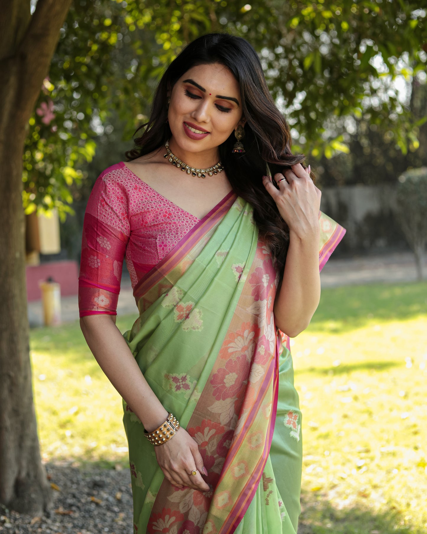 Trendy Organza Perrot Color Silk Sarees