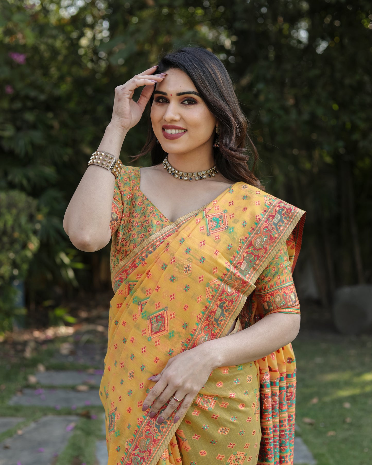 Designer Patola Print Work Soft Cotton Yellow Color Women Saree