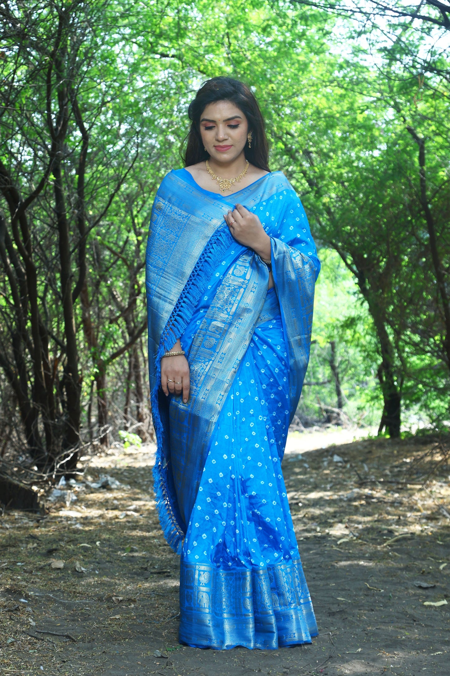 Precious Bandhej Kanjivaram Silk Blue Color Saree