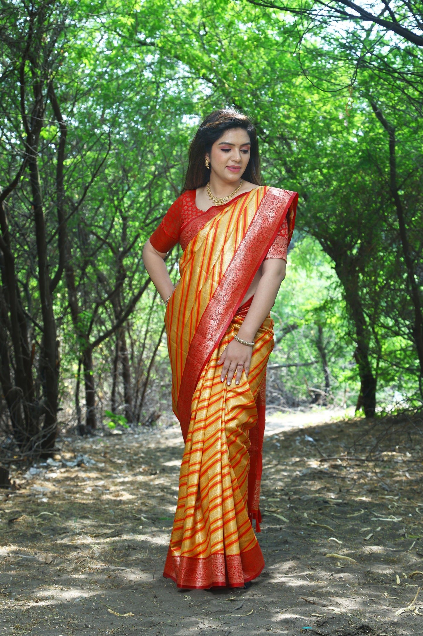 Designer Jaquard Soft Satin Red Yellow Silk Saree