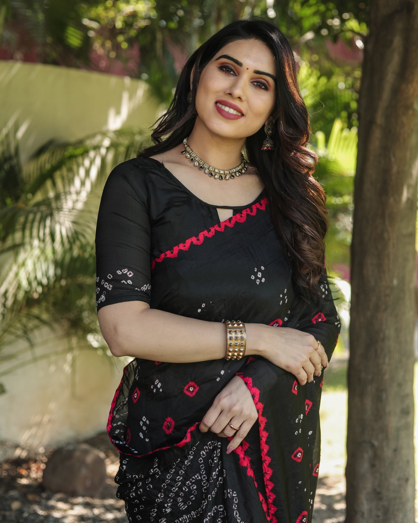 Luxuriant Bandhej Black Color Silk Saree