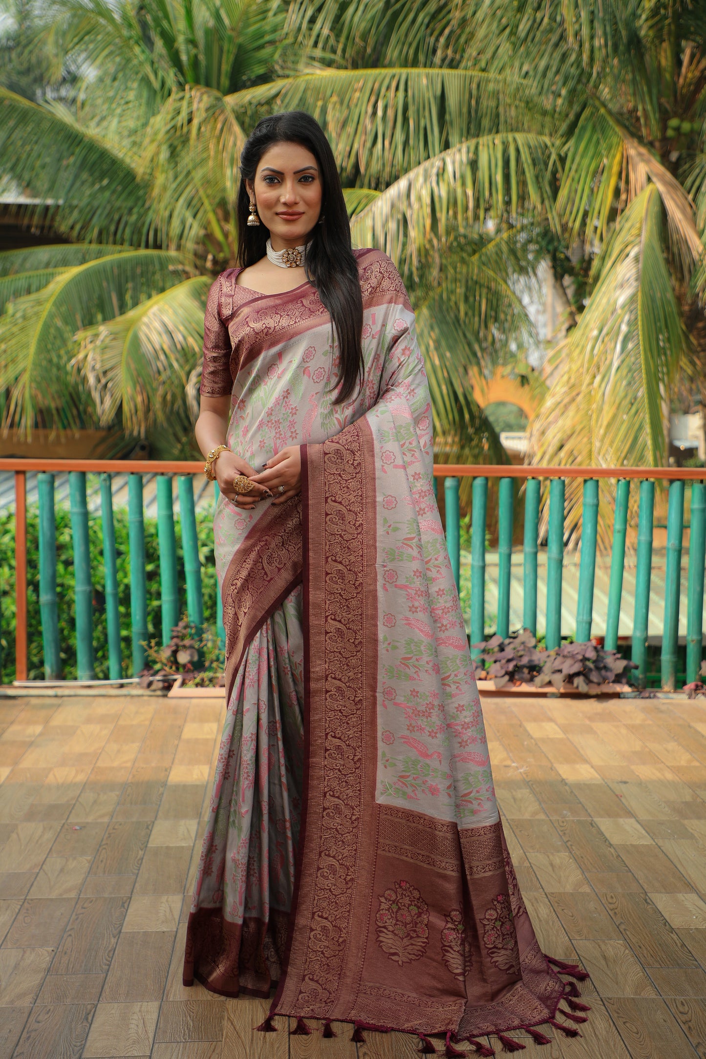 Classic Kanjivaram Soft Silk Grey & Maroon Color Wedding Wear Saree