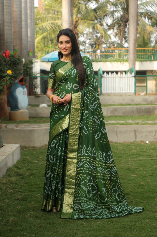 Blissful Kanjivaram Bandhej Green Color Silk Saree