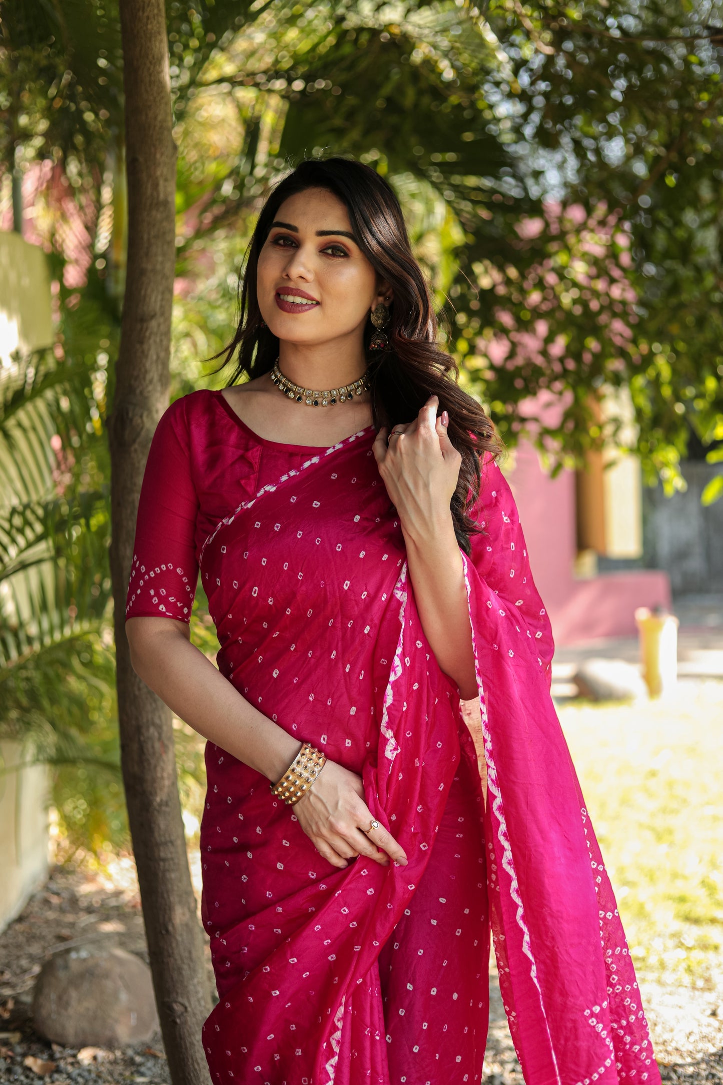 Gorgeous Pure Bandhej Pink Color Silk Saree