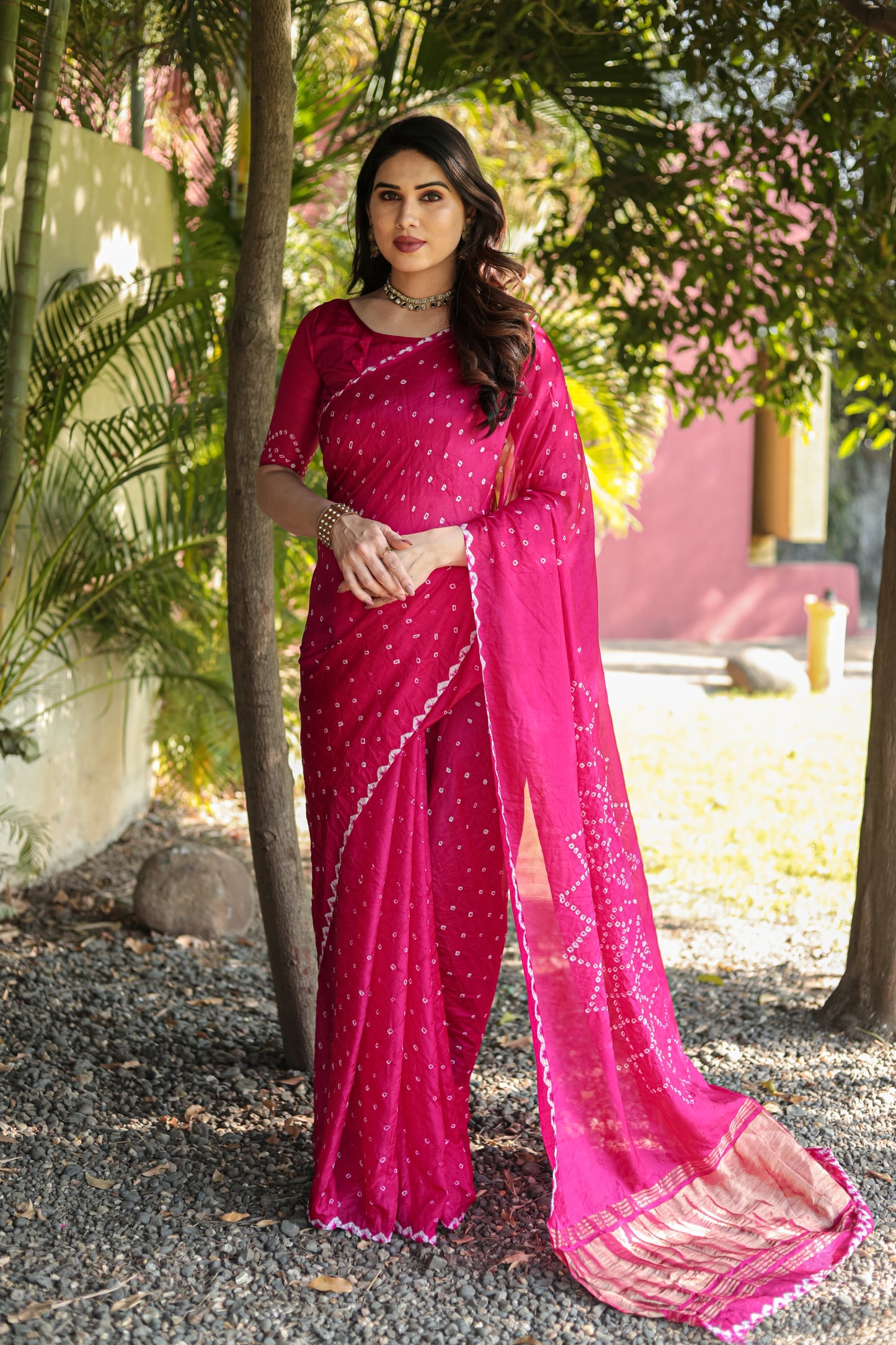 Gorgeous Pure Bandhej Pink Color Silk Saree