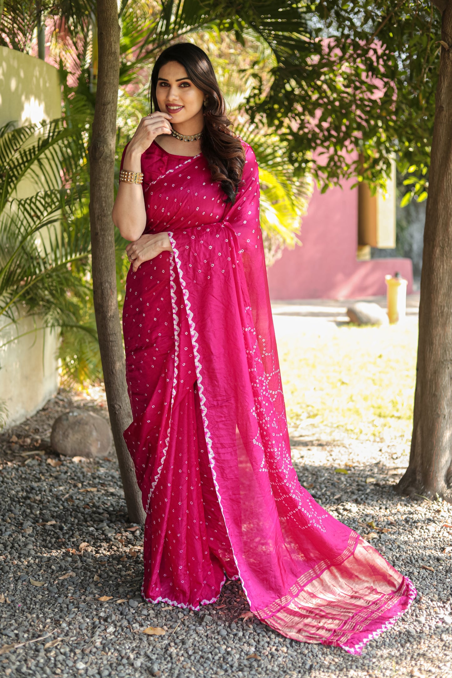 Gorgeous Pure Bandhej Pink Color Silk Saree