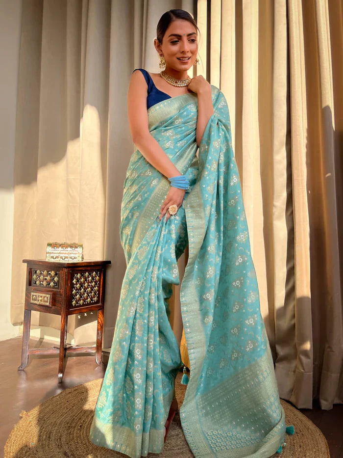 Trendy Jaquard Sky Blue Color Silk Saree