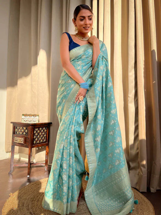 Trendy Jaquard Sky Blue Color Silk Saree