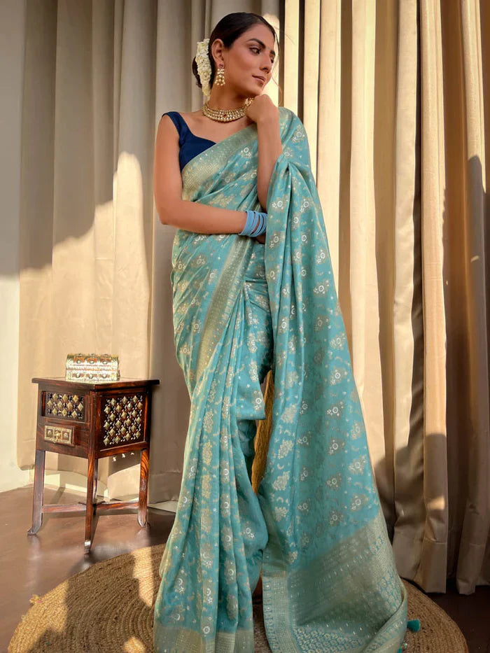 Trendy Jaquard Sky Blue Color Silk Saree