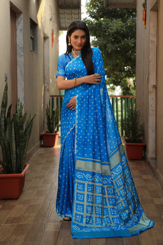 Luxuriant Bandhej Blue Color Silk Saree