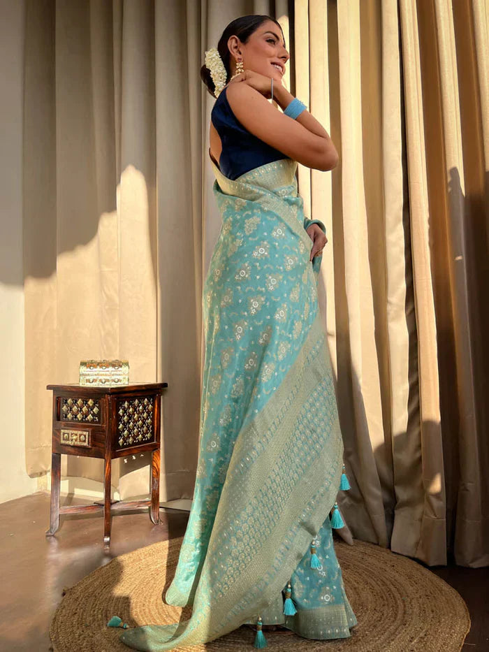 Trendy Jaquard Sky Blue Color Silk Saree