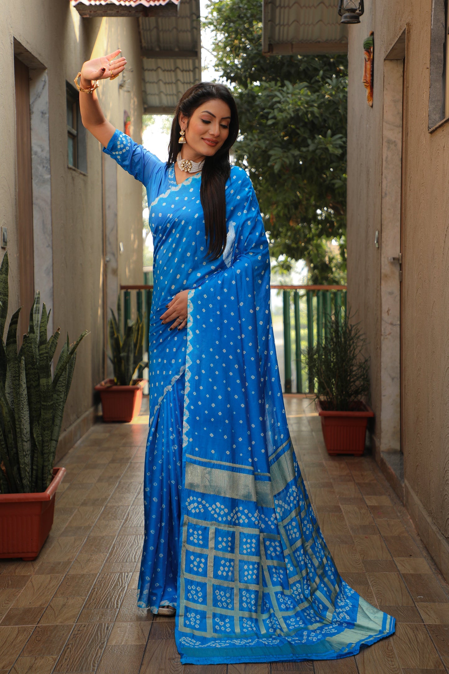 Luxuriant Bandhej Blue Color Silk Saree