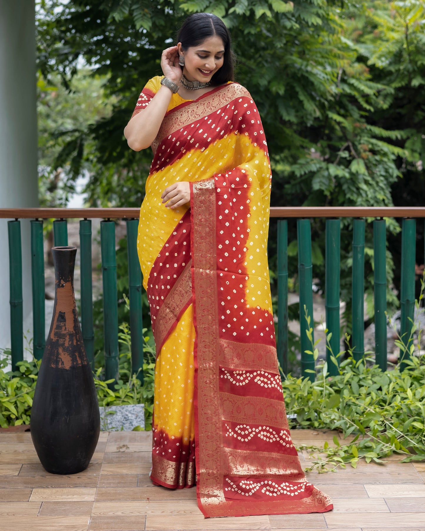 Stylish Bandhej Silk Bandhani Border yellow Color Saree