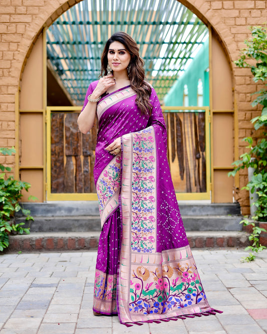 Charming Bandhej Paithani Rani Color Silk Saree