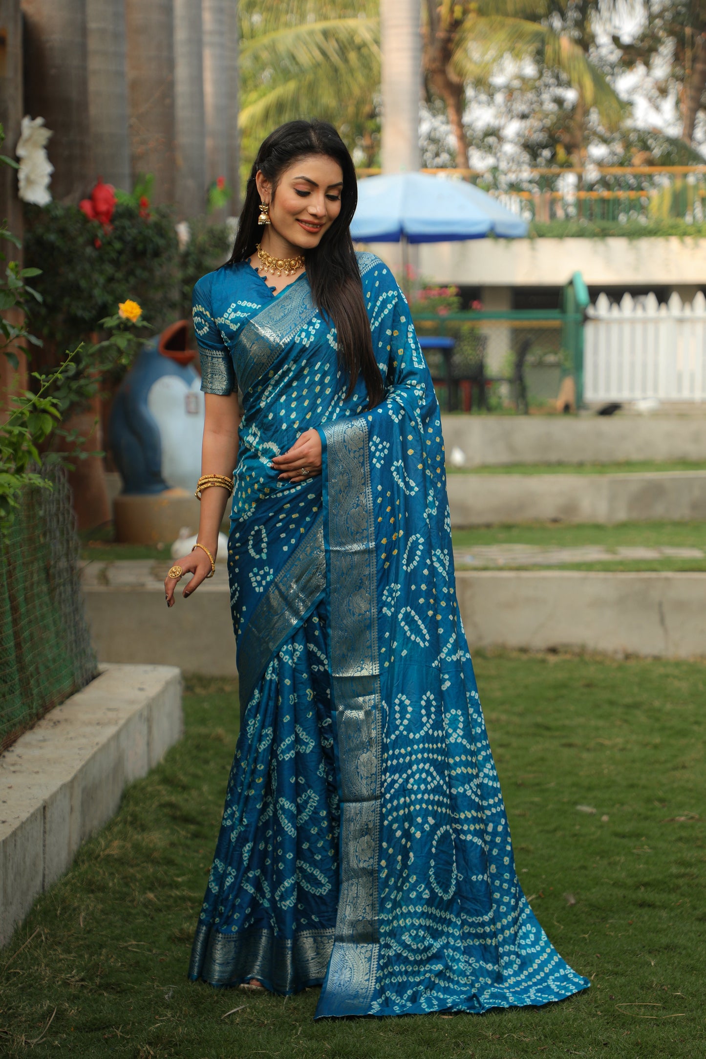 Blissful Kanjivaram Bandhej Blue Color Silk Saree