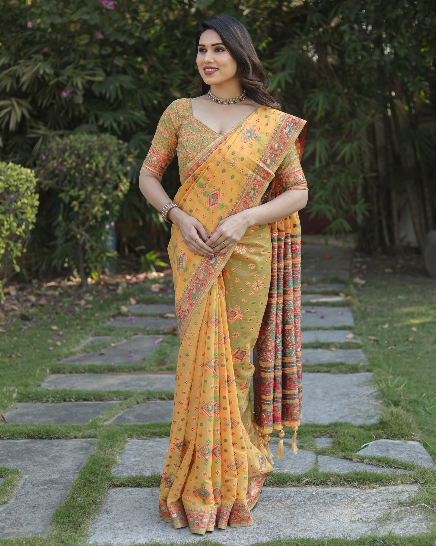 Designer Patola Print Work Soft Cotton Yellow Color Women Saree