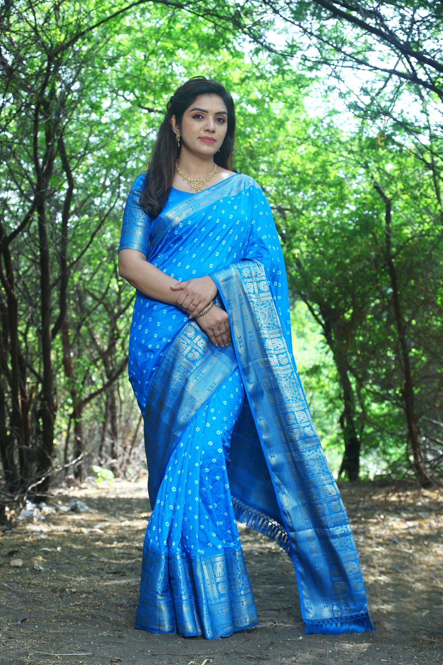 Precious Bandhej Kanjivaram Silk Blue Color Saree