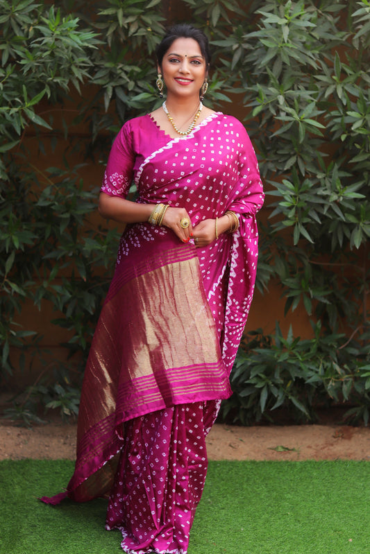 Glorious Bandhej Pink Color Silk Saree